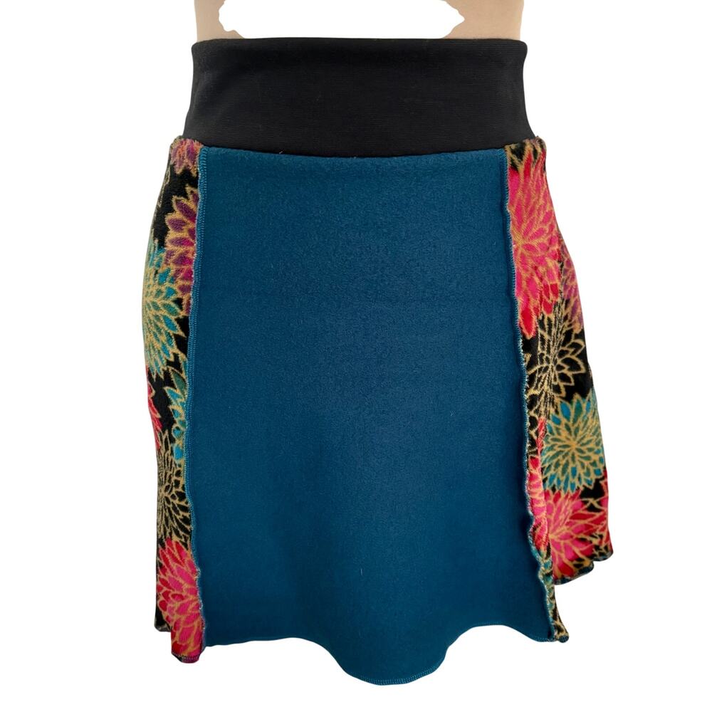 From The Heart Soft Fleece Teal Floral Mini Skirt Pull On Indie Retro A-Line